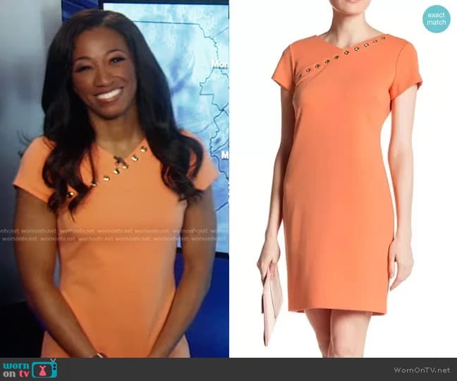 Ellen Tracy Ponte Dress with Grommet Details worn by Brittany Bell on Good Morning America