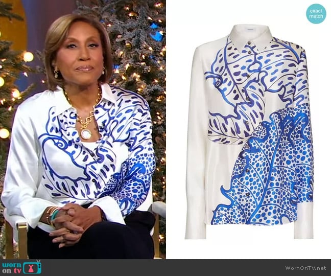 Ferragamo Printed Silk Button-Up Blouse in Toni Lapis Off White worn by Robin Roberts on Good Morning America