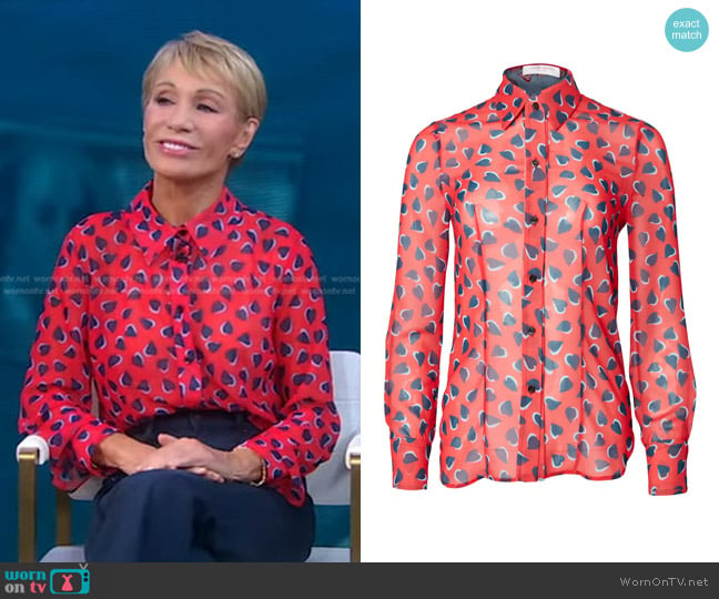 Carolina Herrera Heart Print Button-Up Shirt in Poppy Multi worn by Barbara Corcoran on Good Morning America