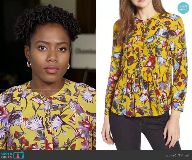 J. Crew Silk Pleated Popover in Floral Print worn by Priscilla Thompson on NBC News Daily