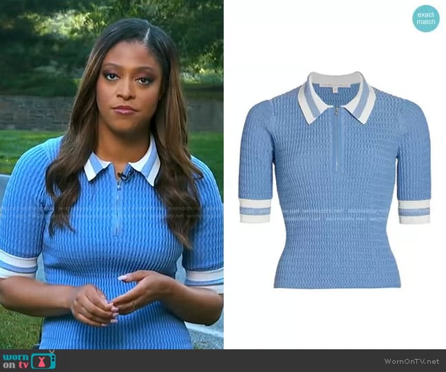 Veronica Beard Jorja Half-Zip Polo worn by Morgan Norwood on Good Morning America