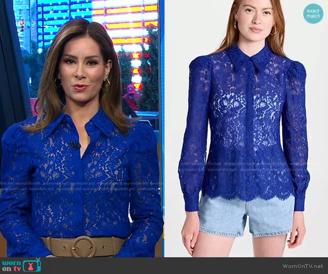 L'Agence Jenica Lace Blouse worn by Rebecca Jarvis on Good Morning America