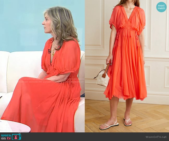 La Ligne Constance Tasseled Shirred Chiffon Dress in Orange