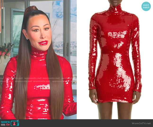 LaQuan Smith Sequin Mock Neck Long Sleeve Minidress worn by Angie Katsanevas on The Real Housewives of Salt Lake City