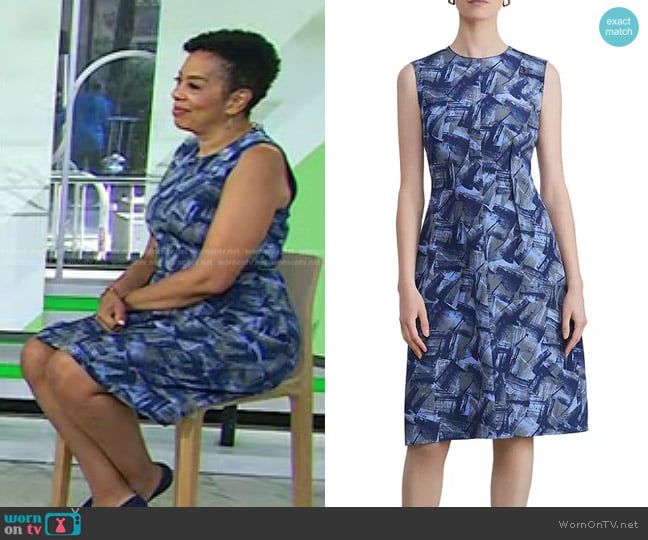 Lafayette 148 NY Abstract Print Silk Fit & Flare Dress in Blue Iris worn by Sharon Epperson on Today