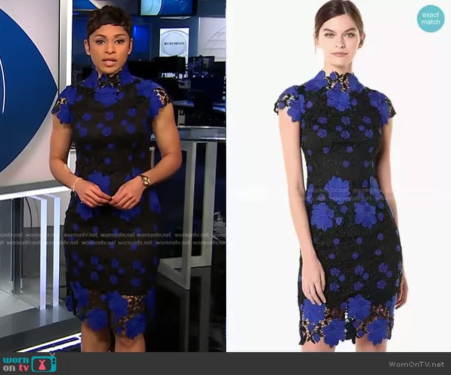 Laundry by Shelli Segal  Mock Neck Lace Dress worn by Jericka Duncan on CBS Evening News