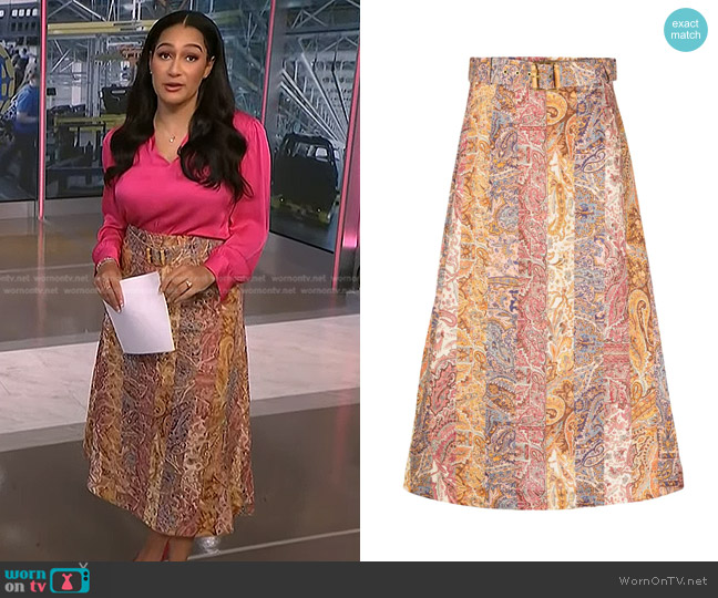 Zimmermann Luminosity Paisley-Print A-Line Midi Skirt worn by Morgan Radford on NBC News Daily