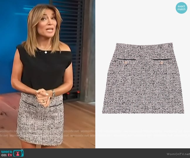 Maje Jeldina high-rise tweed woven mini skirt worn by Kit Hoover on Access Hollywood