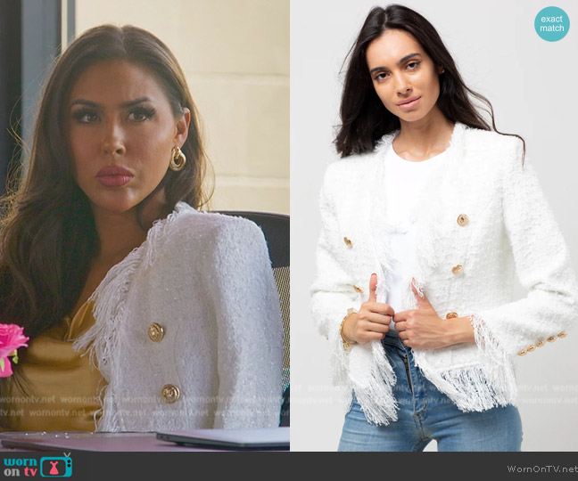 Mila London Fringed Tweed Sparkle Cardigan worn by Kayla Carmona (Kayla Carmona) on Selling the OC