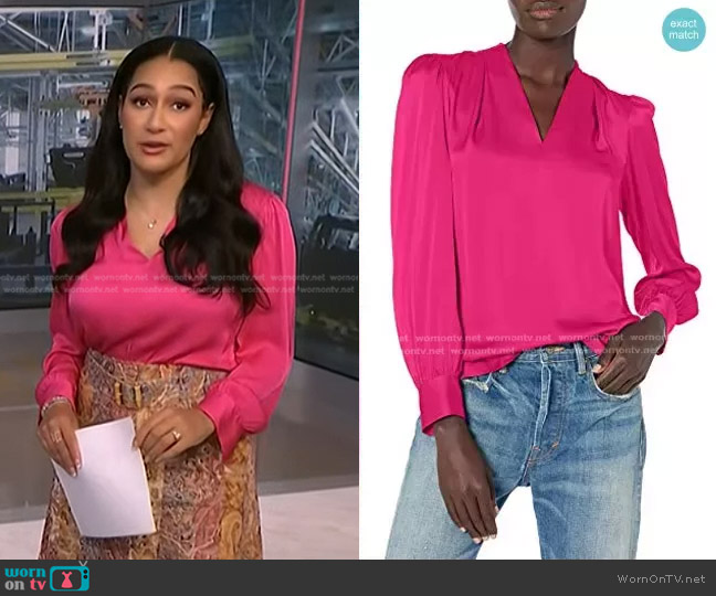 Milly Iris Stretch Silk Top in Shocking Pink worn by Morgan Radford on NBC News Daily