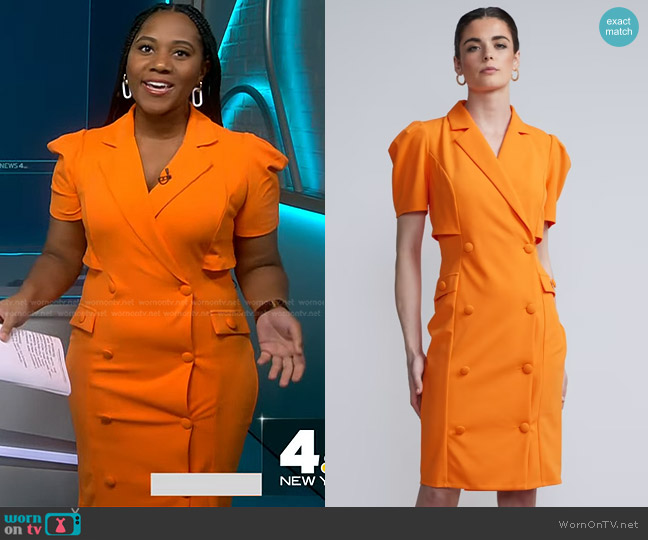 New York & Company Notch Lapel Puff Sleeve Bodycon Blazer Dress in Orange Crush worn by Kay Angrum on NBC News Daily