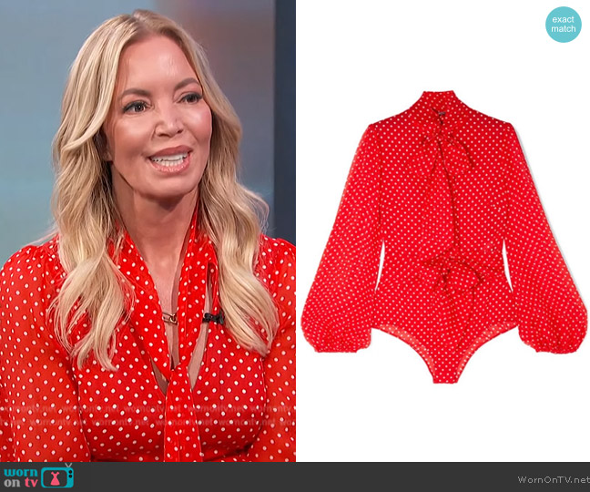 Agent Provocateur Red Silk Polka Dot Bodysuit worn by Jeanie Buss on Access Hollywood