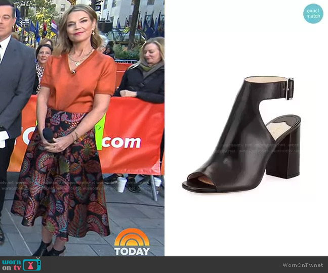 Prada Leather Ankle-Wrap Sandal in Nero worn by Savannah Guthrie on Today