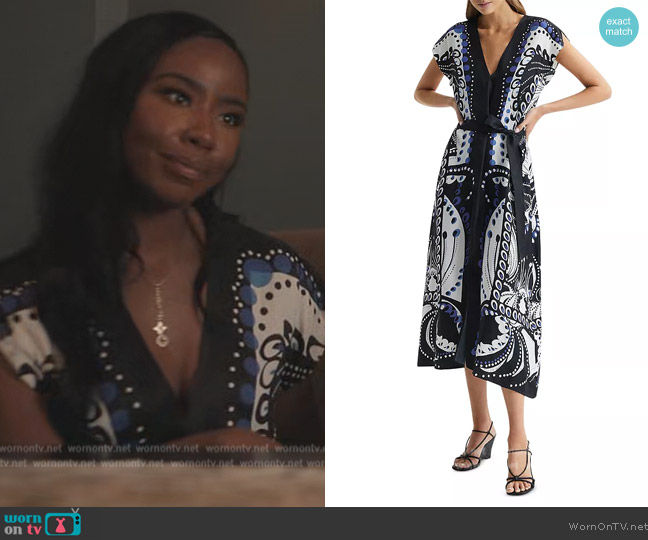 Tierra’s blue paisley print dress on The Chi