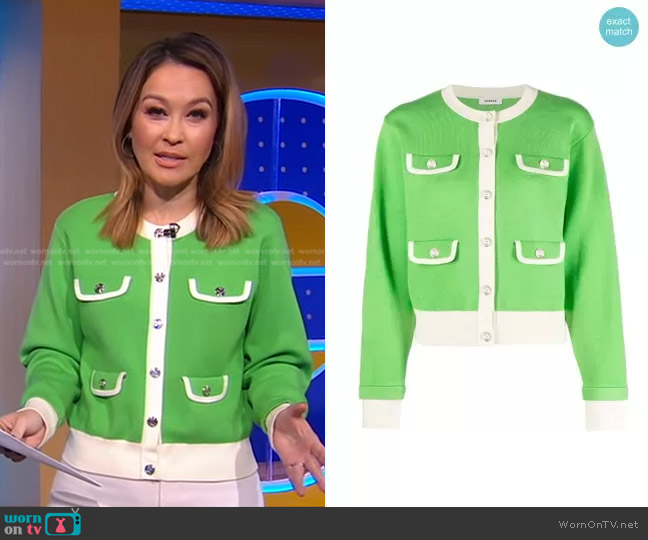 Sandro Contrast-Trim Buttoned Cardigan worn by Eva Pilgrim on Good Morning America