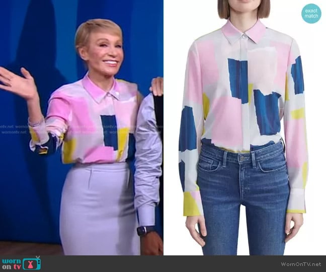 Lafayette 148 NY Scottie Silk Blouse in Grey Mist Multi worn by Barbara Corcoran on Good Morning America