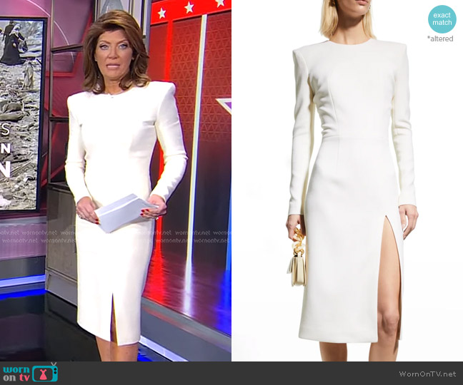 Sergio Hudson Signature Zip-Cuff Crepe Sheath Midi Dress worn by Norah O'Donnell on CBS Evening News