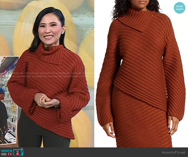 Staud Engrave Asymmetric Sweater in Cinnamon worn by Vicky Nguyen on Today