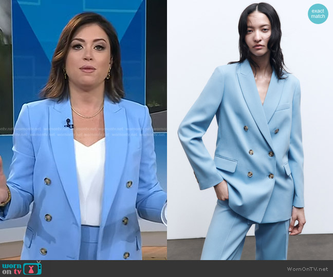 Zara Tailored Double Breasted Blazer in Sky Blue worn by Chloe Melas on Today