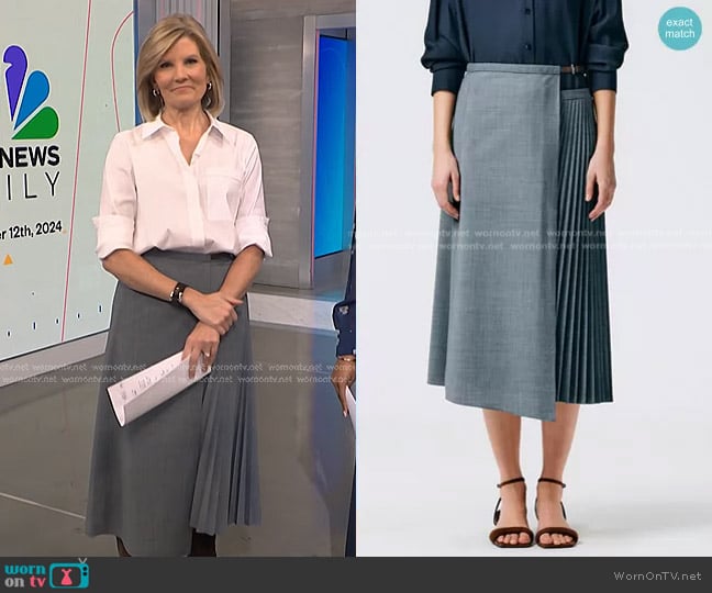 Tibi Tropical Wool Pleated Leather Wrap Skirt in Heather Grey worn by Kate Snow on NBC News Daily