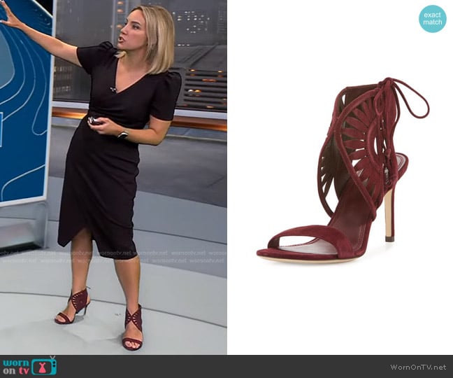 Tory Burch Leyla Laser-Cut Suede 85mm Sandal in Port worn by Alex Wilson on CBS Evening News