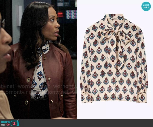 Tory Burch Printed Bow Blouse worn by Mia Jordan (Karen Pittman) on The Morning Show