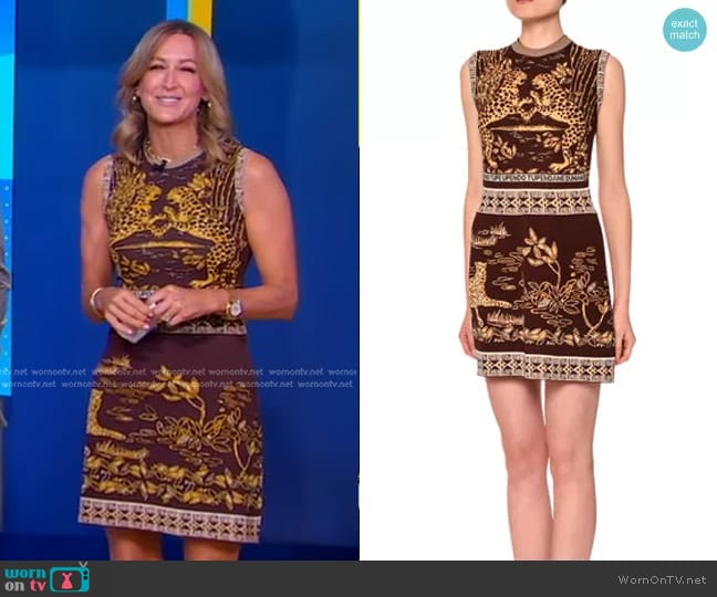 Valentino Sleeveless Jaguar-Print Sheath Dress in Black/Gold worn by Lara Spencer on Good Morning America