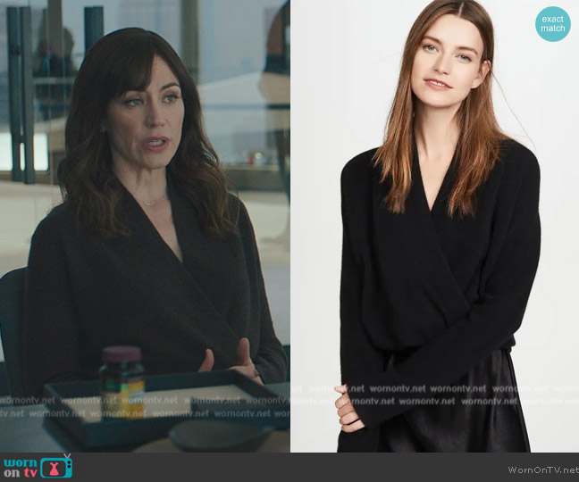 Vince Wrap Front Cashmere Pullover worn by Wendy Rhoades (Maggie Siff) on Billions