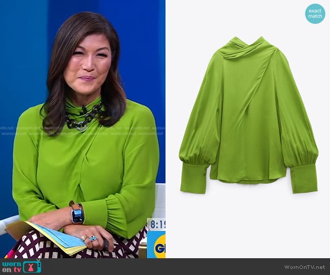 Zara Flowy Blouse With Tie worn by Juju Chang on Good Morning America