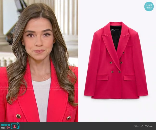 Zara Tailored Double Breasted Blazer in Pink Fuchsia worn by Julie Tsirkin on NBC News Daily