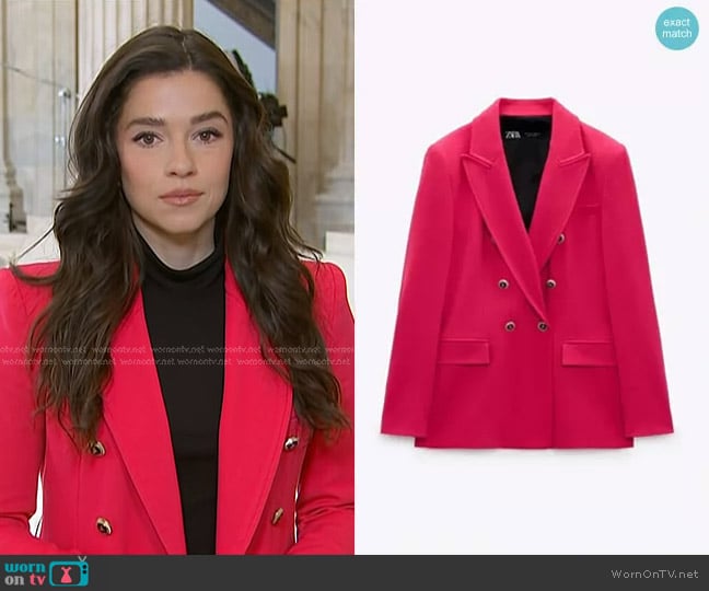 Zara Tailored Double Breasted Blazer in Pink Fuchsia worn by Julie Tsirkin on NBC News Daily