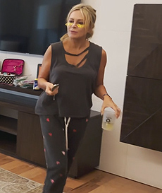Tamra's distressed tank and heart print sweatpants on The Real Housewives of Orange County