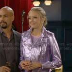 Abby’s metallic pink leather moto jacket and tie dye dress on The Young and the Restless