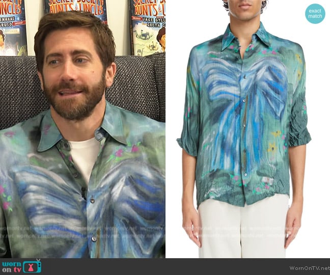 Acne Studios x Karen Kilimnick Bow Print Crinkle Button-Up Shirt worn by Jake Gyllenhaal on E! News