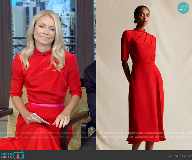 Adam Lippes Draped Neck Dress In Silk Crepe worn by Kelly Ripa on Live with Kelly and Mark