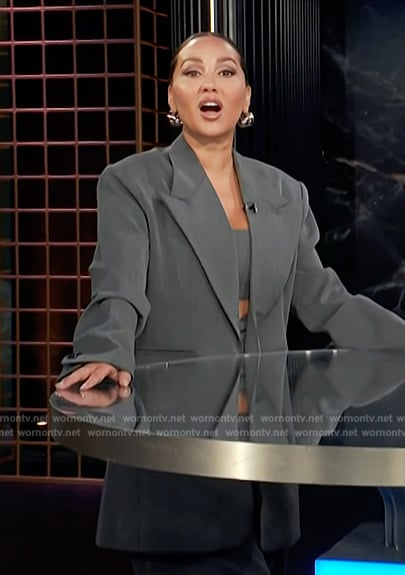 Adrienne's gray oversized blazer and pants on E! News