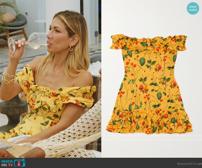 Agua by Agua Bendita Jardin off-the-shoulder ruffled printed cotton mini dress worn by Erin Lichy on The Real Housewives of New York City