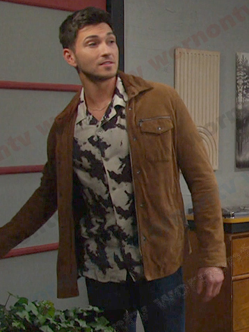 Alex's black and white print shirt and suede jacket on Days of our Lives