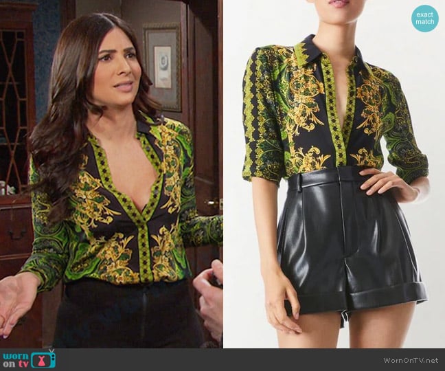 Alice + Olivia Willa Filigree Border Print Silk Blouse worn by Gabi Hernandez (Camila Banus) on Days of our Lives