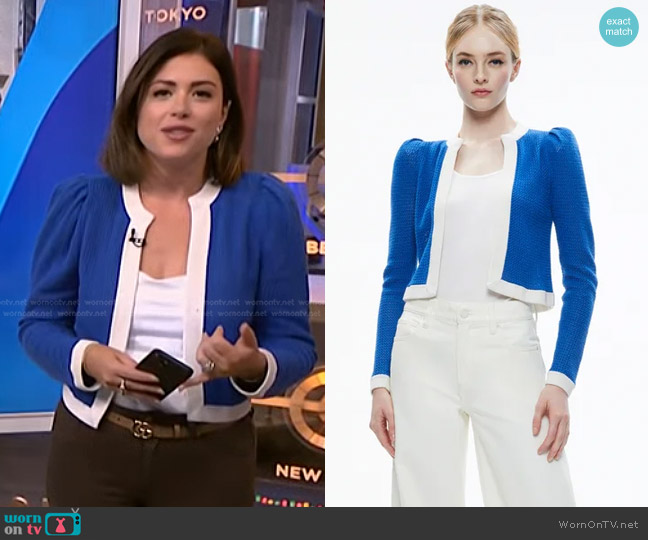 Alice + Olivia Trina Pointelle-Knit Cropped Cardigan worn by Chloe Melas on NBC News Daily