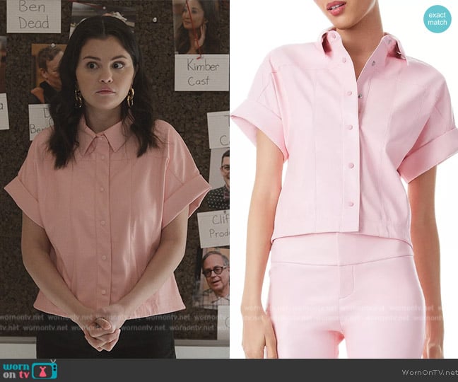 Alice and Olivia Edyth Faux Leather Collared Shirt worn by Mabel Mora (Selena Gomez) on Only Murders in the Building