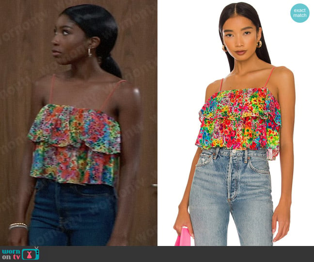 Alice + Olivia Marylynn Ruffle Cropped Top worn by Trina Robinson (Tabyana Ali) on General Hospital