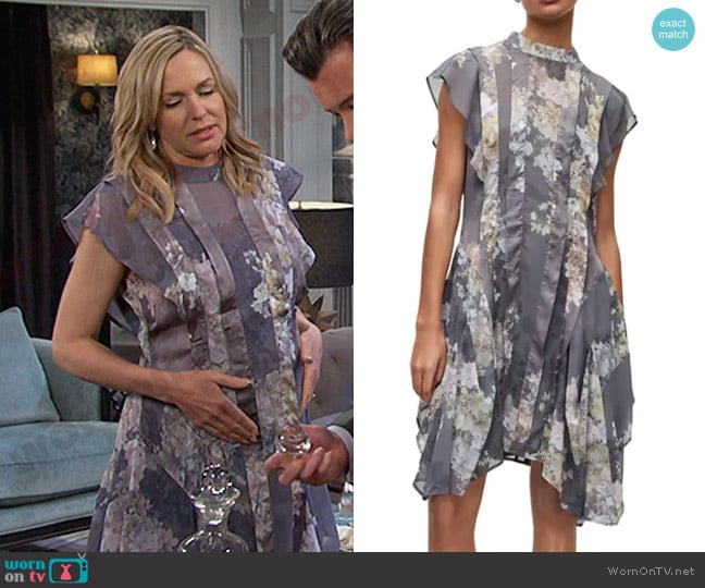 All Saints Ari Fillipa Floral Pleated Asymmetric Hem Dress in Concrete Grey worn by Nicole Walker (Arianne Zucker) on Days of our Lives