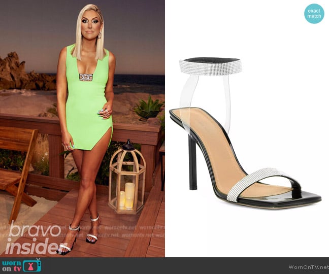 Amina Muaddi Rih Crystal Patent Leather Ankle-Strap Sandals worn by Gina Kirschenheiter on The Real Housewives of Orange County