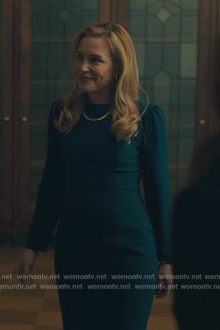 Andy's teal puff sleeve dress on Billions