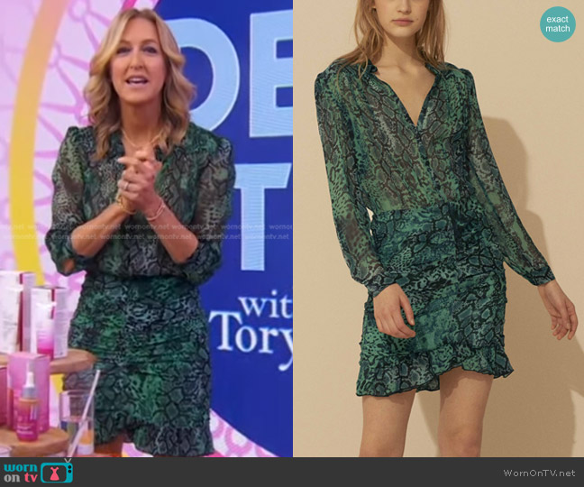 Ba&Sh Rackel Puff-Sleeve Animal-Print Dress in Green worn by Lara Spencer on Good Morning America