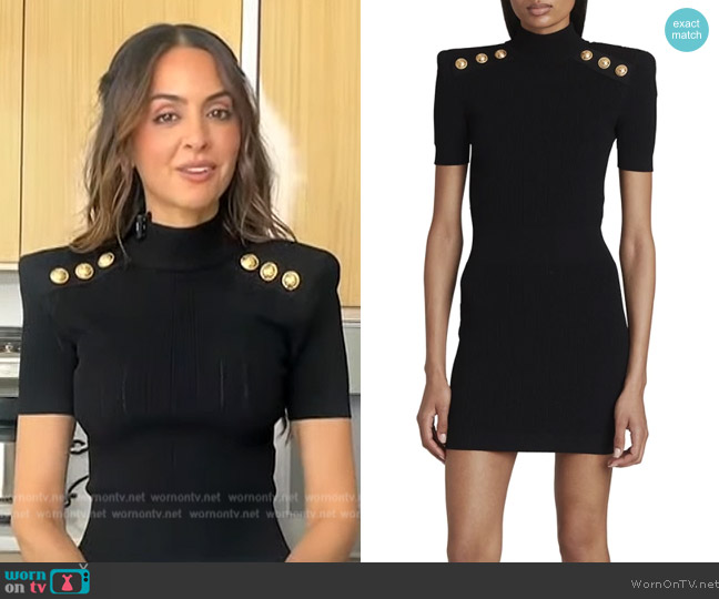 Balmain Mock-Neck Button Strong-Shoulder Knit Mini Dress worn by Monda Vand on Extra