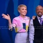 Barbara Corcoran's colorblock blouse and lilac pencil skirt on Good Morning America
