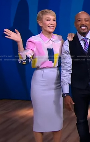 Barbara Corcoran’s colorblock blouse and lilac pencil skirt on Good Morning America