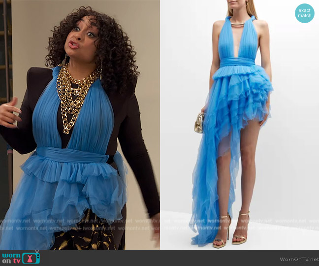 Bronx and Banco Taraji High-Low Deep V-Neck Ruffle Tulle Gown worn by Raven Baxter (Raven-Symoné) on Ravens Home